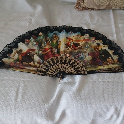 Vintage Folding Hand Fan Multicolor Bullfighting Scene Black Lace Trim