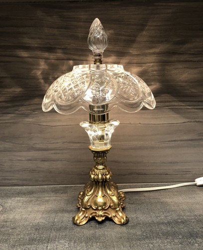 Vtg Heavy Cut Lead Crystal Glass Gold Metal Base Boudoir Lamp Hollywood Regency
