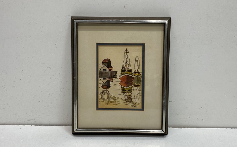 K. Rodko Original Watercolor Painting Fleet Harbor Scene Signed Mid-Century