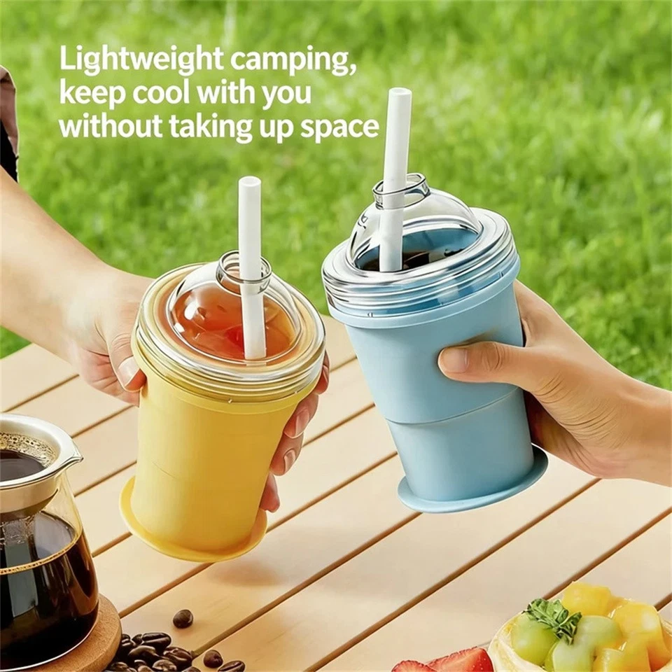 Silikon Flaschenbecher 2in1, faltbar mit Eismaker & Strohhalm, für unterwegs - Bild 1 von 4