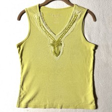 Vintage Y2K Medium M Ribbed Tank Top Lace Sequin Beads Chartreuse Faded Glory