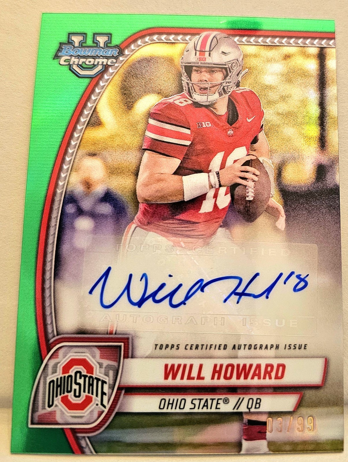 2024 Bowman Chrome University Will Howard Auto Green /99