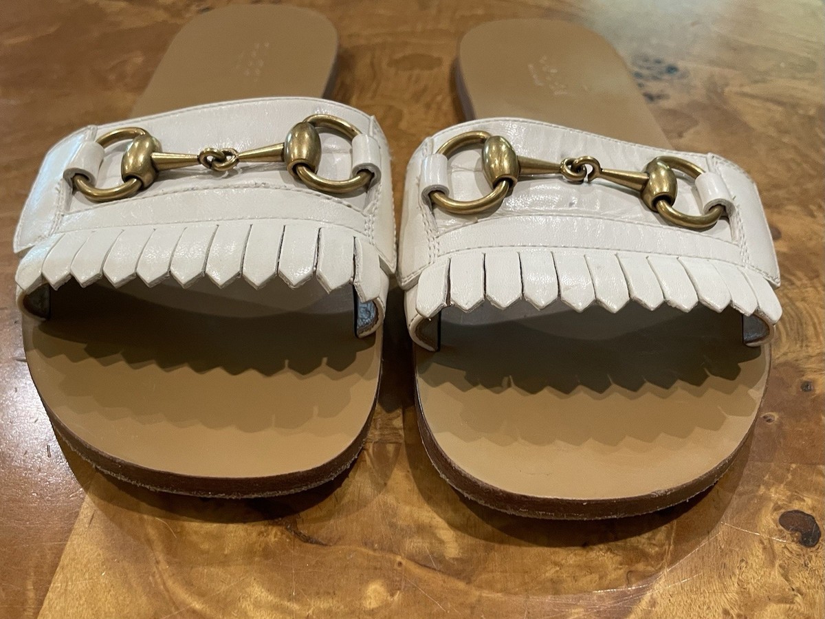 Gucci White Leather Horsebit Slide Sandals GUCCI Signora Horsebit-embellished leather sandals | NET-A  main image 3