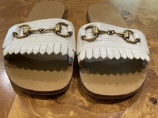 Gucci Varadero Horsebit Fringe White Leather Flat Slide Sandals Sz 38
