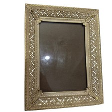 VTG Picture Photo Frame 5x7  Brass Gold Metal Ornate Filigree Etched Hanging