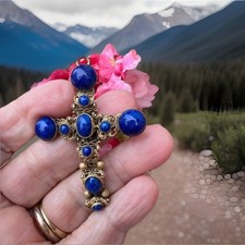 Pendentif Ancien Cristal Bleu Sur Cuivre Doré - Bijou Vintage #K25, Occasion