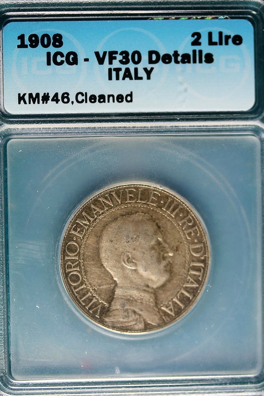 1908 ICG VF30 Details Italy 2 Lire KM#46, Cleaned 2 Lire!! #B6450