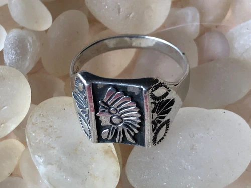 Vintage 925 Silver NATIVE INDIAN CHIEF RING 11.50 Size Intricate BIKER Ethnic 7g