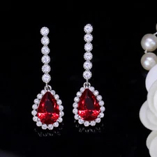 Red CZ Long Pear Drop Earrings Long Teardrop 925 Silver Post Earrings for Women