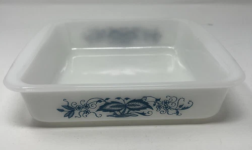 Vintage GlasBake 8" Square Casserole Dish Blue Floral White Milk Glass Pan J2428