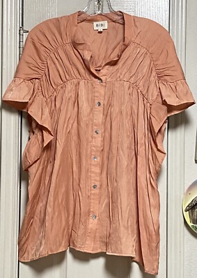 Beautiful BIBI Peach M Ruched Pleated Ruffled Fluttery Flouncy Blouse