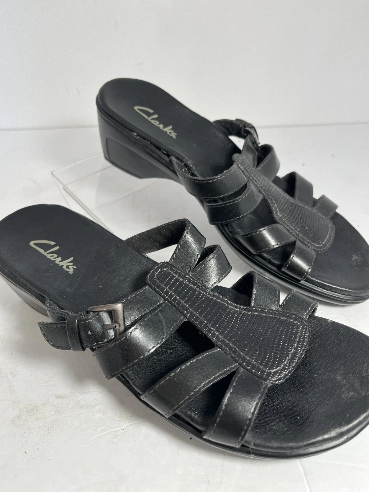 Sandali donna Clarks 8M neri pelle comodi slip on zeppa punta aperta usati