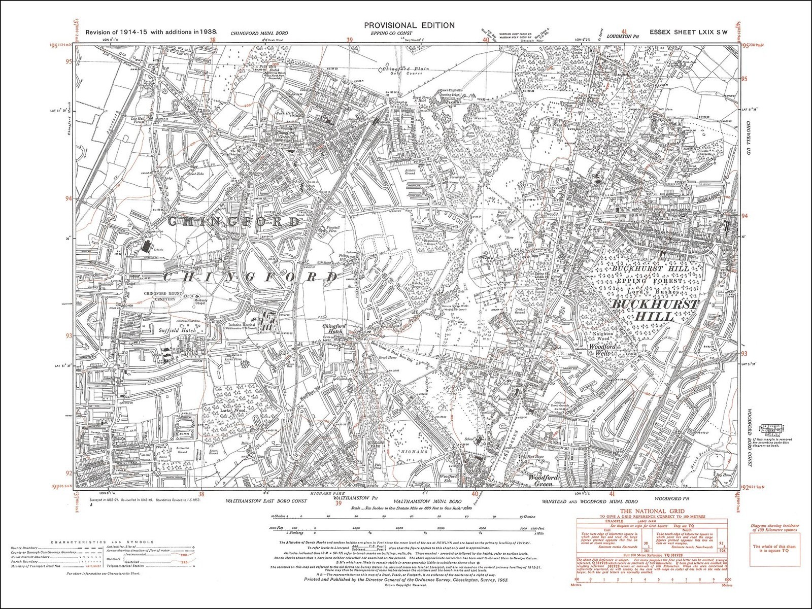 Old map Chingford, Buckhurst Hill, Woodford Green (N), Essex 1938 (69SW