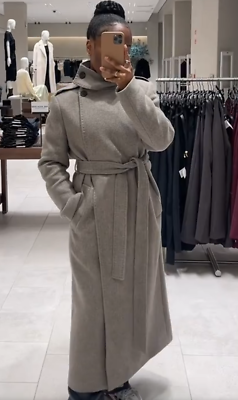 Zara ZW Collection Long Wool Blend Coat Light Mink Grey S Small