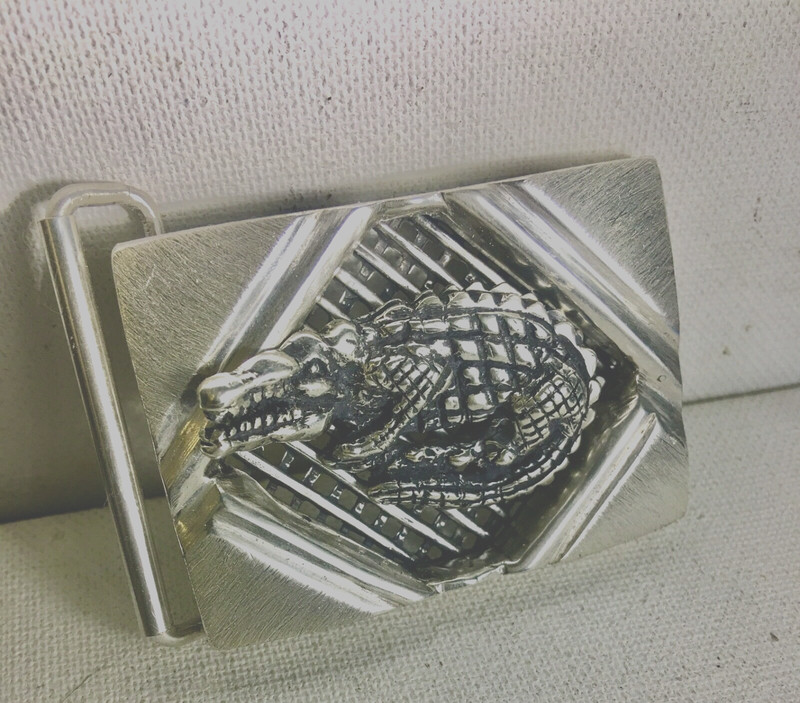 Artisan made Crocdile Mens sterling silver Belt Buckle,Med  .