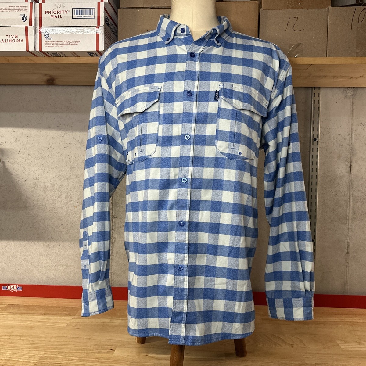 Aftco Fishing Vented Flannel Button Up Shirt Men’s XL Blue Check