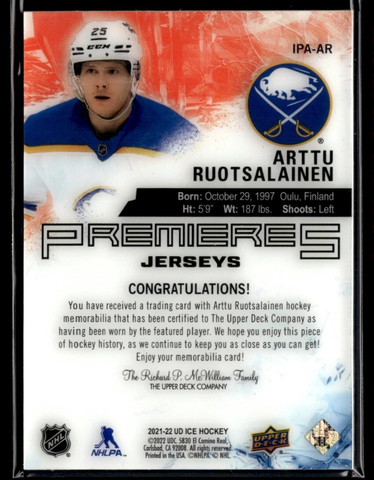 2021-22 Upper Deck Ice Premieres Jersey Arttu Ruotsalainen #IPA-AR H10R2E - Image 2 of 2