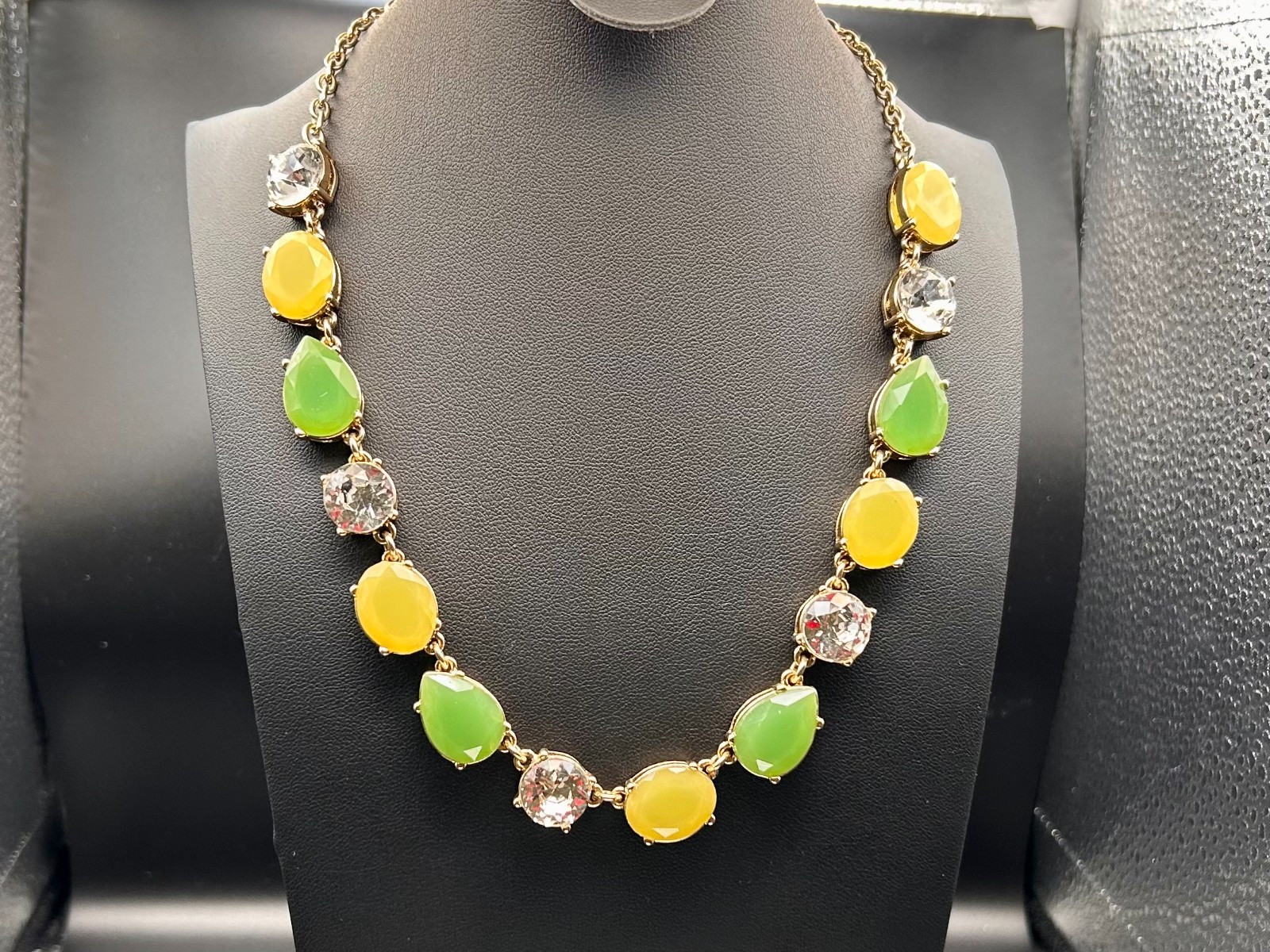 J Crew Faceted Glass Rhinestone Necklace Green Yellow Gold Tone Statement