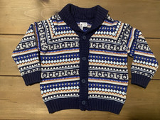 Janie Jack Knit Shawl Cardigan Fair Isle Blue Button Sweater Size 12-18 Months
