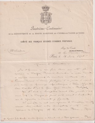 An 1898. Portugal. Vasco de Gama. 4th centenary discovery. India. Comité France