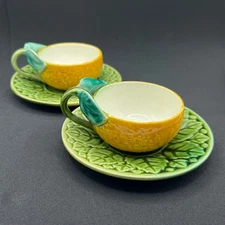 Sarreguemines France Tea Cup and Saucer Orange Twig & Leaf Majolica Set of 2