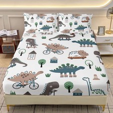 Cartoon Dinosaur Fitted Sheet Set Full Size, Funny Dinosaur Print Bedding Set...