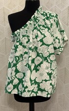 Women’s J. Crew Green White Smocked One-Shoulder Top Kelly floral Tropical Sz L