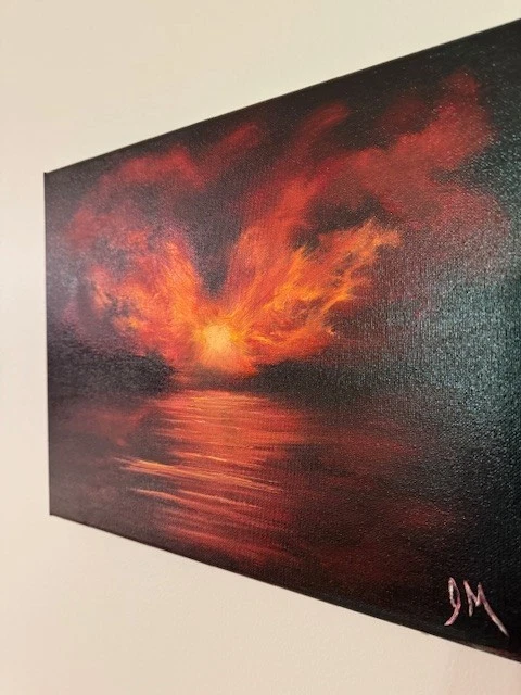 Bob Ross Style original oil painting signed: "Fiery Sky over Black Ocean" - Image 3 of 4