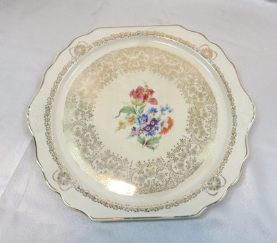 Queen Anne Cake Plate Union Made Warranted 22K Gold Vintage 1940s