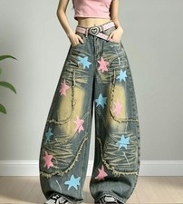 Women's Retro Blue Denim Jeans Wide Leg Colorful Stars Tassels Punk Trousers New
