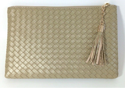 Virginia Wolf Mimi Woven Pouch Metallic Gold Faux Leather Clutch Tassel