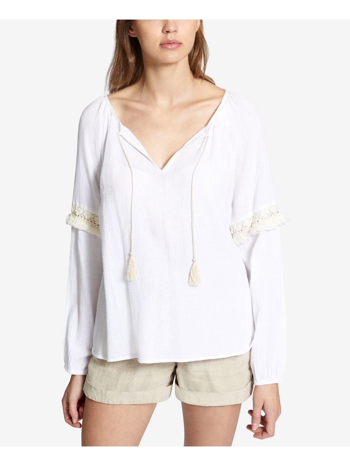 SANCTUARY Womens White Embellished Tassel Peasant Top with Long Sleeves and V-Neck