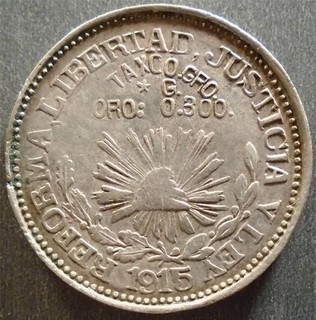 Revolutionary Mexico Guerrero Taxco Silver Un Peso 1915 toned w/ rim nicks