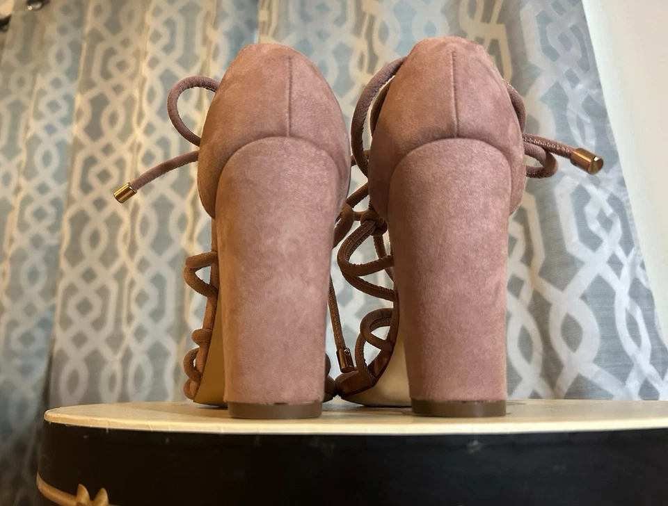 Sandalias de tacón alto rosa talla 11 para mujer con tiras de 4” tacón bloque sandalia romana de encaje Foto 4 de 4