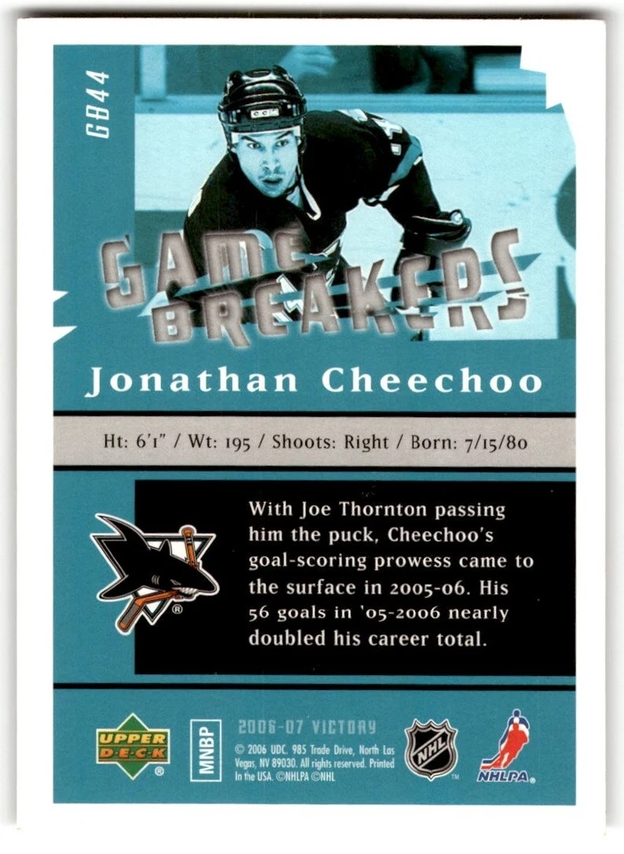 Jonathan Cheechoo 2006-07 Upper Deck Victory GameBreakers #GB44 San Jose Sharks - Image 2 of 2