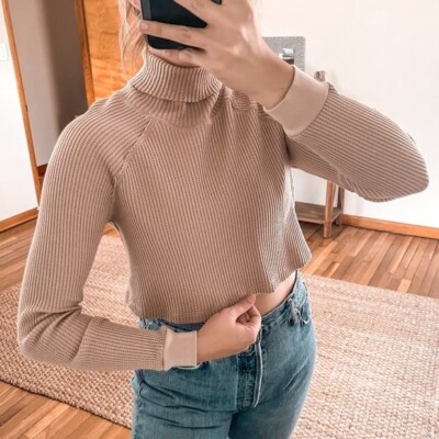 ニットトップス The Range Tan Cropped Turtleneck Waffle Knit Designer Long Sleeve