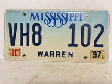 1997 WARREN COUNTY MISSISSIPPI License Plate Embossed Galvanize Steel Vicksburg