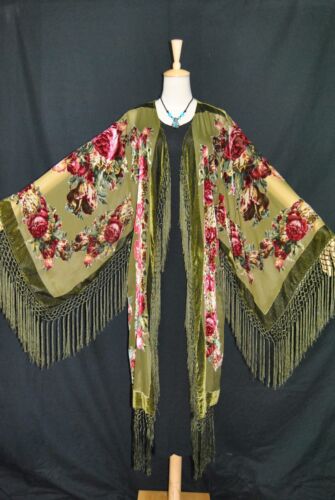 Art to Classic Olive Green Color Fringe Burnout Velvet Coat Kimono Duster Jacket
