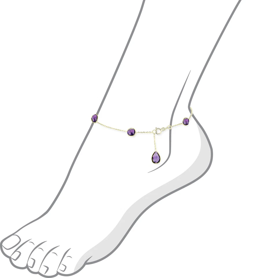 Tobillera de piedras preciosas de oro amarillo de 14K con amatistas redondas y en forma de pera 10,5 pulgadas Foto 2 de 2