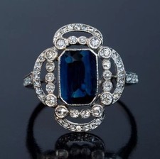 Art Deco Emerald Cut Sapphire  Lab Created Diamond 925 Silver Engagement Ring