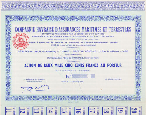 Cie HAVRAISE D'ASSURANCES MARITIMES - ACTION 2500 FRANCS 1955 - FRANCE LE HAVRE - Zdjęcie 1 z 2