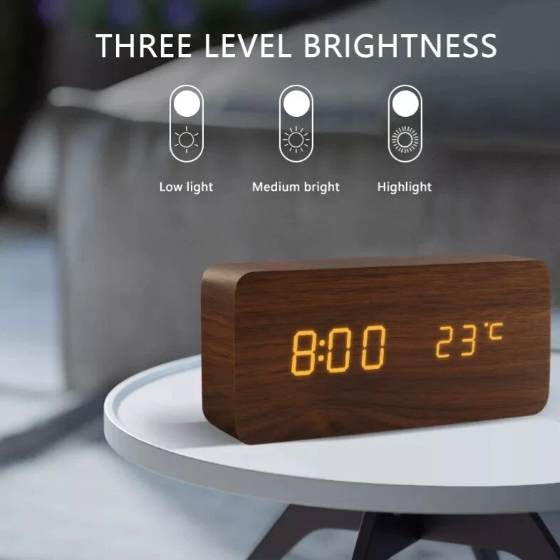 Reloj despertador de madera rectangular cuadrado reloj de mesa de escritorio alimentación USB reloj de madera Foto 3 de 4