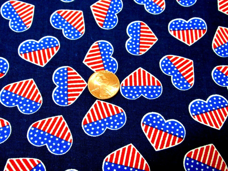 Cotton Sewing Fabric Fashion Patriotic Hearts Print Red White Blue 2 yd x 44" - Image 3 of 3