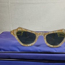 VTG Cats Eye Sunglasses Made In USA 1950s 60s Rockabilly Plastic Yellow Sparkle