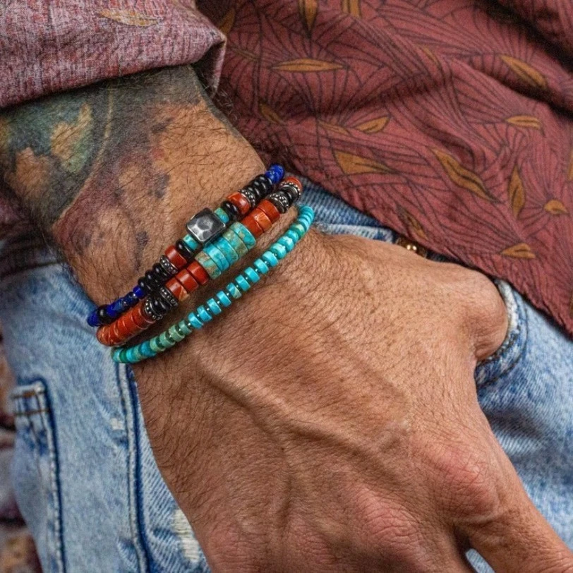 3Pcs/Set Mens Tribal Beaded Bracelet Set Turquoise Black Red Handmade Jewelry - Image 3 of 4
