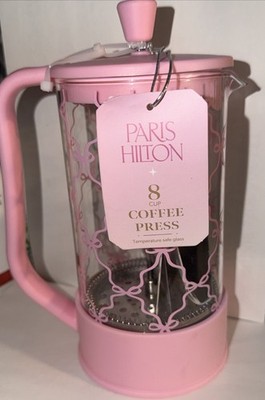 PARIS HILTON   8 CUP COFFEE PRESS Pink Bow TEMPERATURE SAFE GLASS  