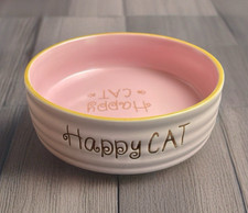 Cat Dish HAPPY CAT Bow Pink & White Ceramic Dish Food Water  Pawprints 5.25" NEW