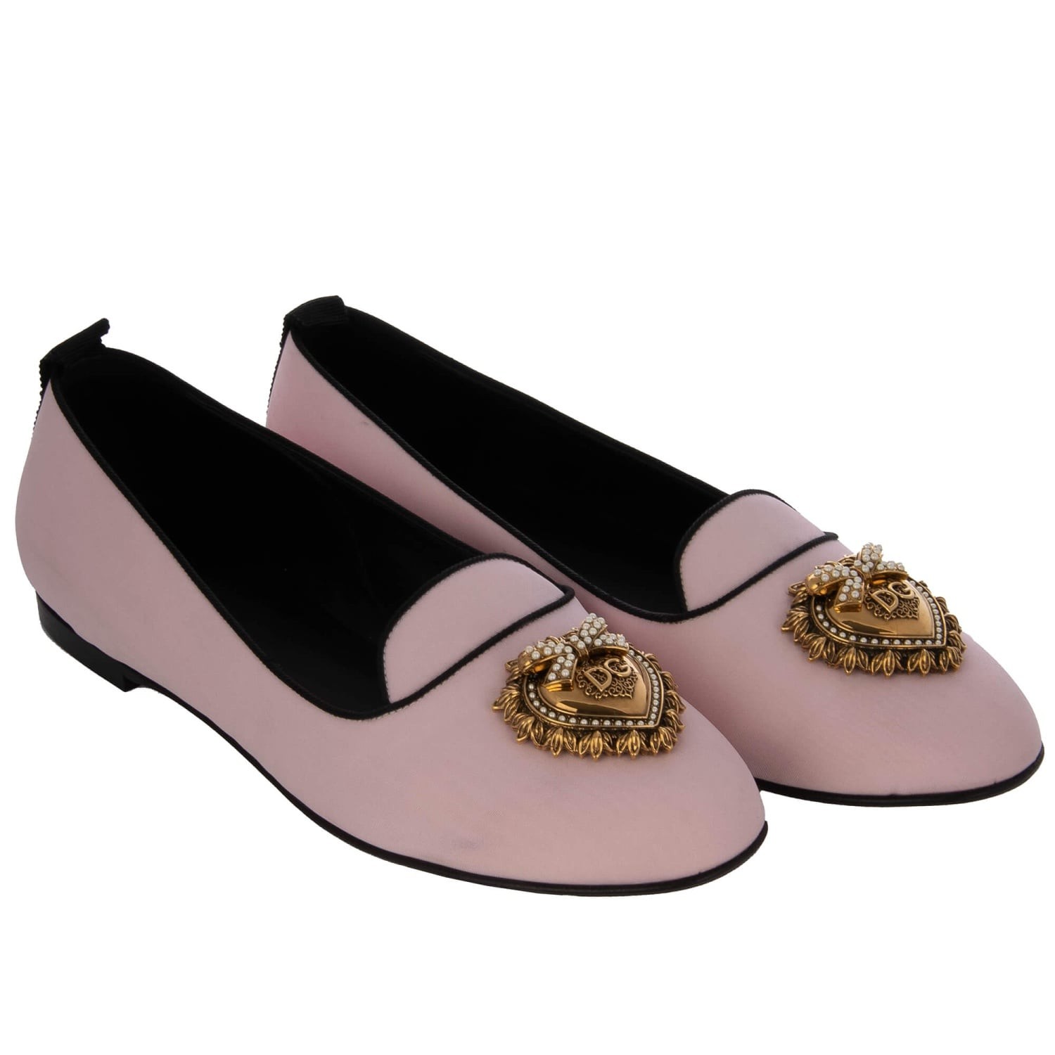 DOLCE & GABBANA Silk Pearl Gold Heart Brooch Ballet Flats Loafer DEVOTION Pink