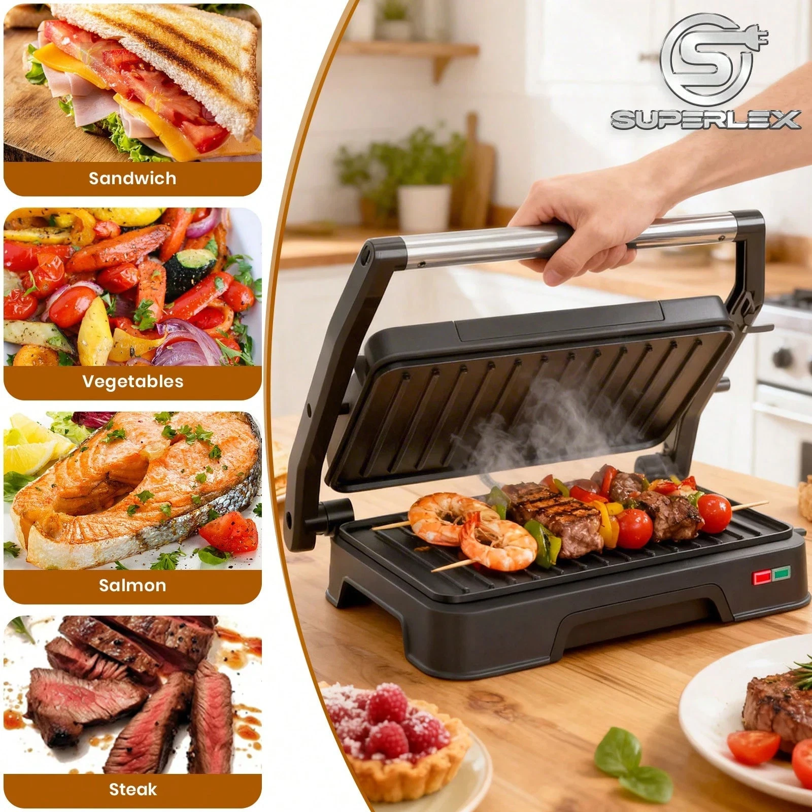 SUPERLEX 2-in-1 Panini Grill & Sandwich Maker 1000W Electric Indoor BBQ Grill