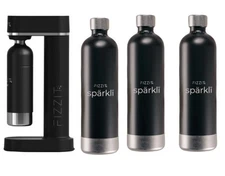 FIZZIT Black Stainless Steel Sparkling Water Maker with 3 Reusable 1L Bottles